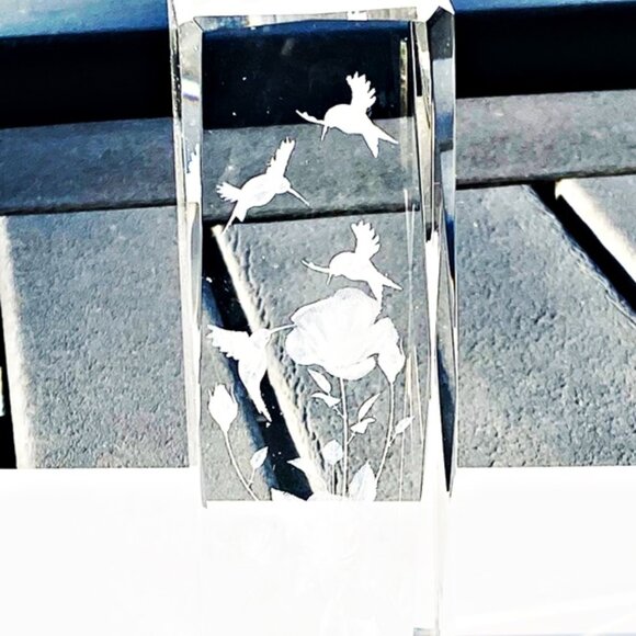 Clear Crystal Glass Tall Pillar Paperweight Birds Flowers Very Heavy - Picture 3 of 5